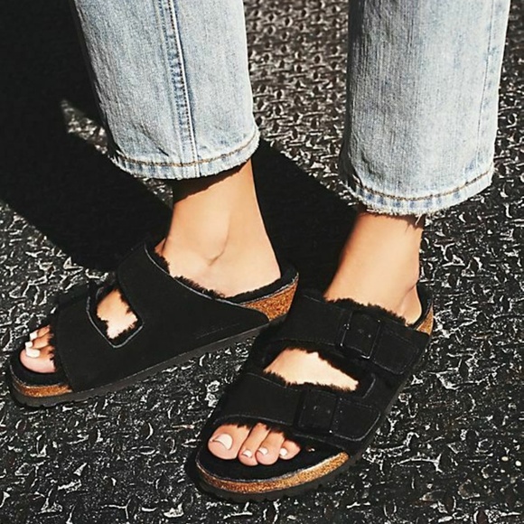 Birkenstock Shoes - Birkenstock Arizona Cozy Shearling Lined Sandals in Black Suede